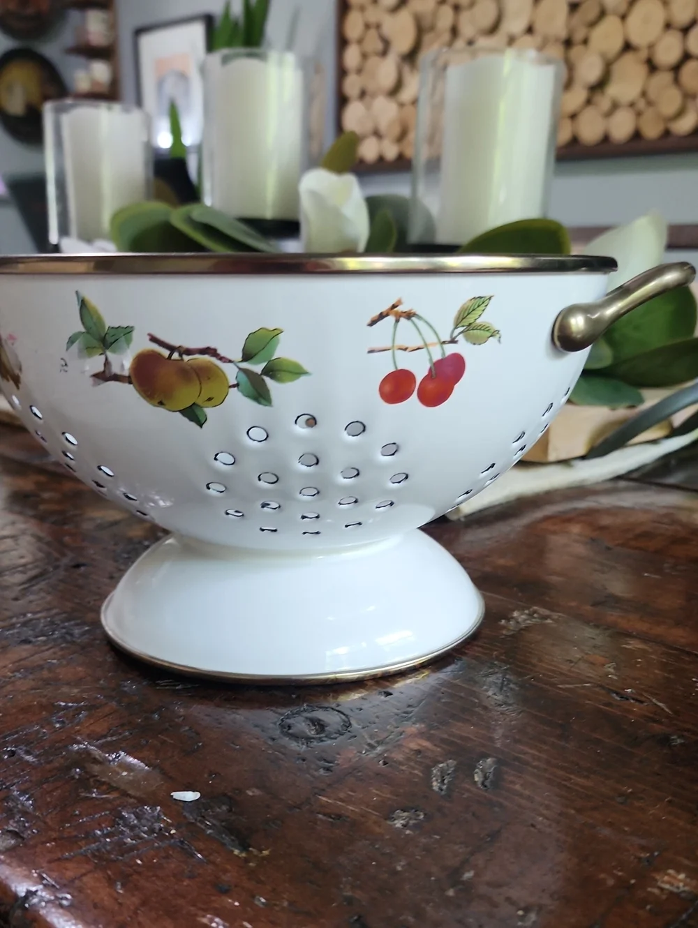 Vintage White Enamel Fruit-Print Metal Colander with Gold Trim